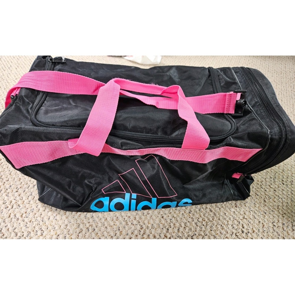 Adidas Duffel Gym Bag Pink Black Logo Small 100% Polyester Sports Travel Bag